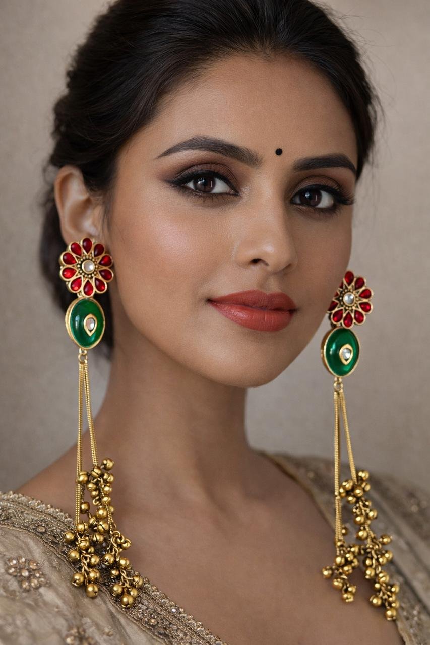 Kashmiri Style Green Color Earrings Latkan Style
