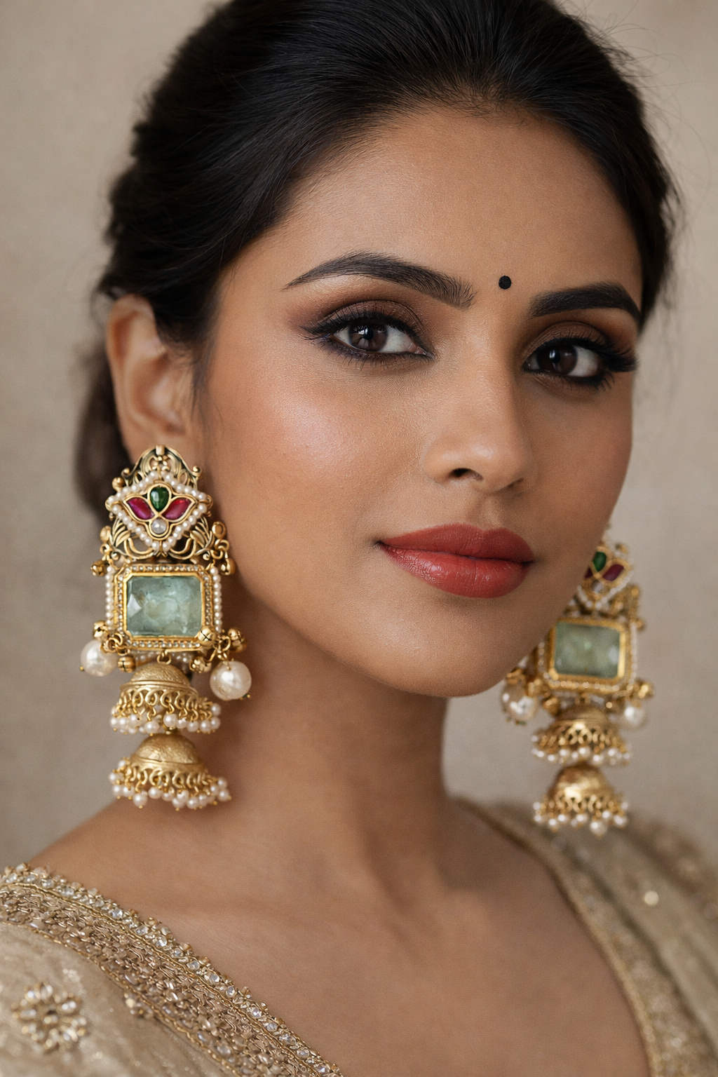 Kashmiri Style Sea Green Brass Earrings